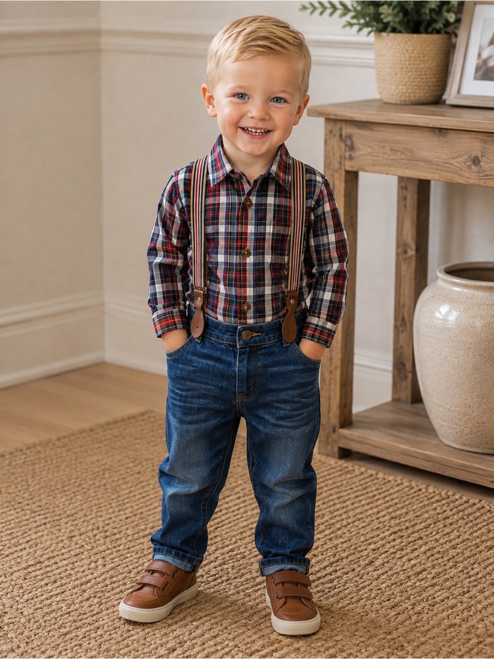 2-3T Boys Plaid Button-Up Shirt with Denim Jeans and Brown Sneakers New
